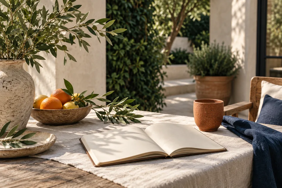 Illustrative still life with a journal and natural elements